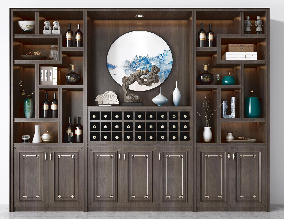 新中式风格样板间餐厅酒柜图片大全_装信通网效果图